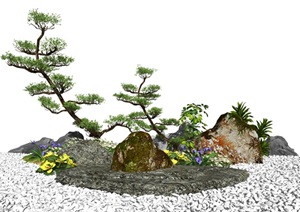 新中式景观小品庭院景观枯山水松树石头片石假山SU(草图大师)模型