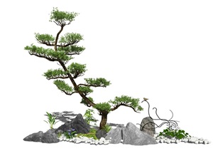 新中式景观小品庭院景观松树石头片石假山SU(草图大师)模型