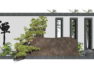 新中式景观小品松树景墙片石假山景观树SU(草图大师)模型