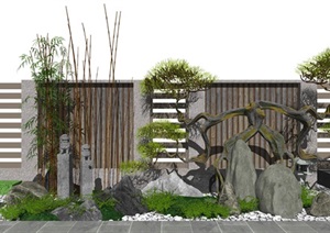 新中式庭院景观小品松树 景观树 石头 草坪 栏杆SU(草图大师)模型