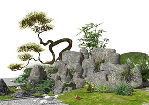 新中式庭院景观 假山叠石  石头景观小品 植物SU(草图大师)模型