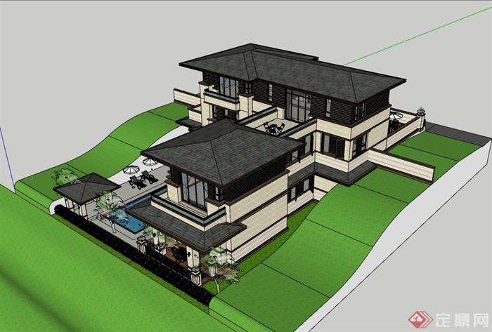 中式风格详细的完整居住别墅su模型