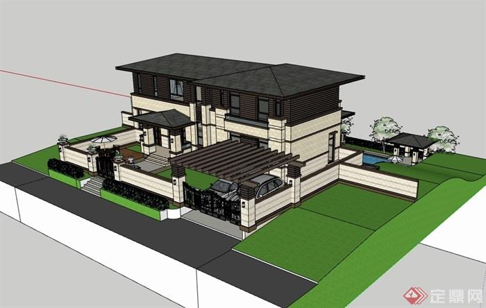 中式风格详细的完整居住别墅su模型