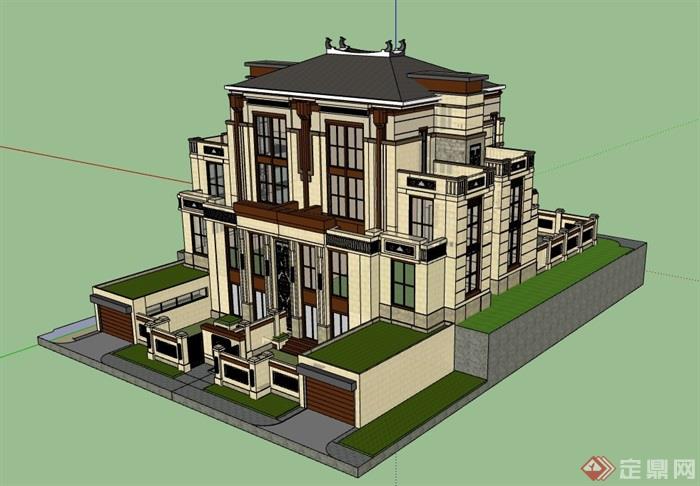 双拼新古典风格建筑别墅su模型