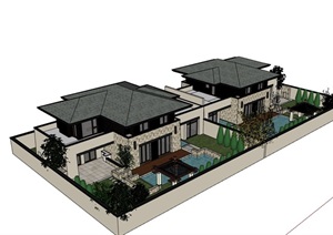 新古典风格详细的双拼别墅建筑SU(草图大师)模型