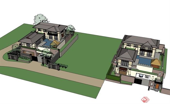独栋的完整详细的别墅建筑设计su模型