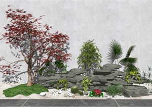 新中式假山叠石跌水景观植物水景假山石头SU(草图大师)模型