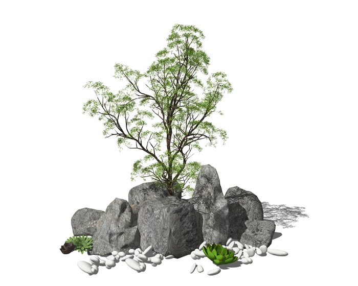 新中式假山叠石 石头 景观树 景观小品su模型(1)