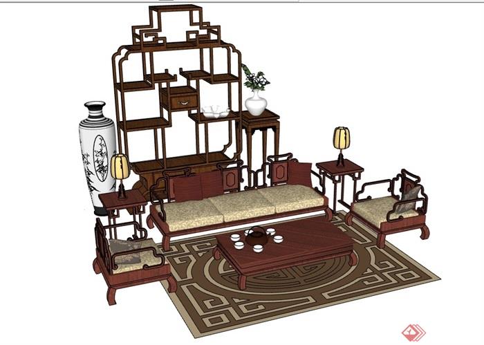 中式风格桌椅博古架装饰品素材su模型