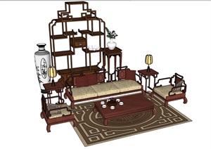 中式风格桌椅博古架装饰品素材SU(草图大师)模型