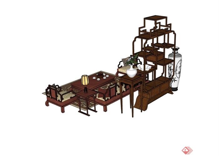 中式风格桌椅博古架装饰品素材su模型