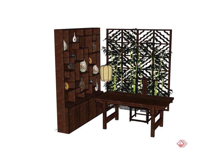 中式木质桌椅屏风素材su模型