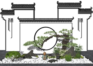新中式景观小品景墙枯山石松树石头植物片石假山SU(草图大师)模型