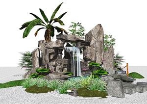 新中式假山石头景观小品跌水景观石头植物SU(草图大师)模型