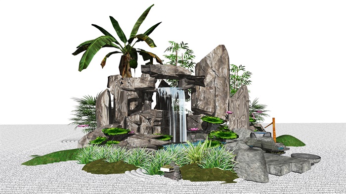 新中式假山石头景观小品跌水景观石头植物SU模型(2)