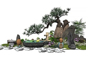 新中式景观小品跌水景观石头松树水景庭院景观枯山水SU(草图大师)模型