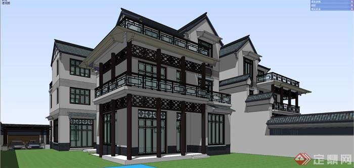 大双拼中式完整详细的别墅建筑设计su模型
