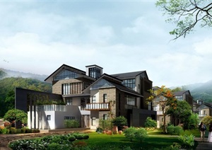 别墅现代中式建筑设计SU(草图大师)模型