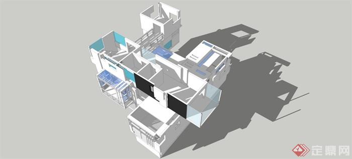 某现代风格多层别墅建筑su模型及效果图