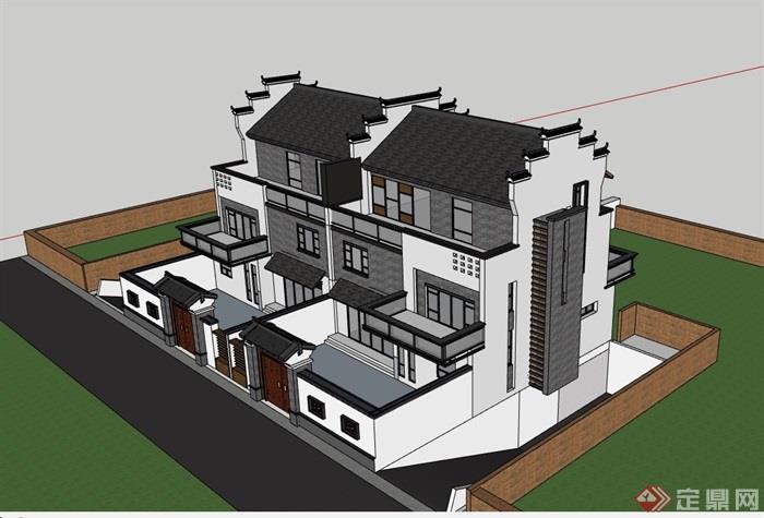 中式风格详细的整体别墅建筑设计su模型