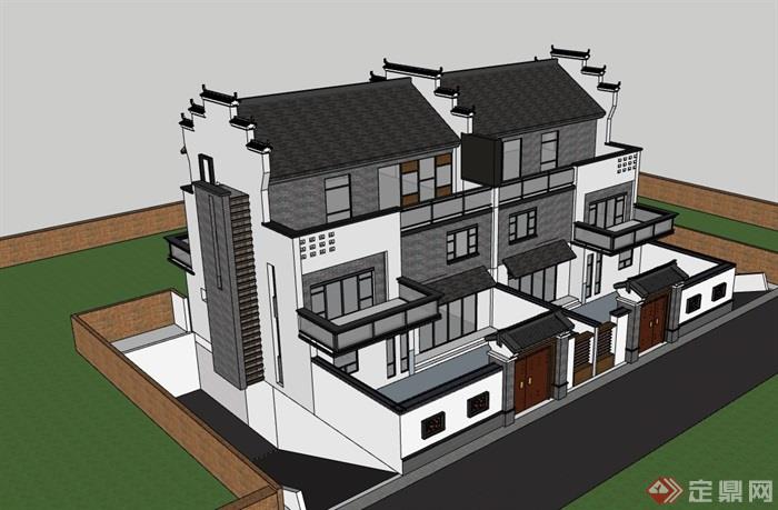 中式风格详细的整体别墅建筑设计su模型