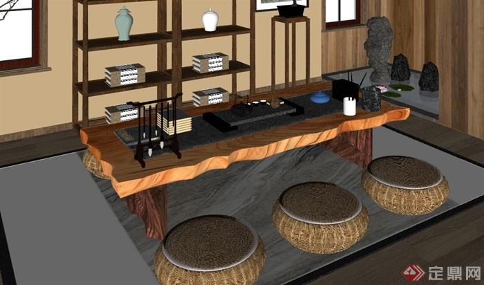 中式风格室内茶桌椅素材su模型