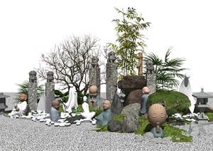 新中式景观小品 拴马柱 石灯 佛像 庭院景观 植物 枯枝SU(草图大师)模型