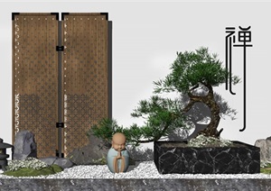 新中式景观小品松树景墙枯山水片石假山SU(草图大师)模型