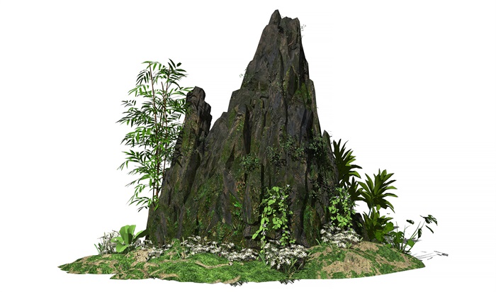 新中式假山叠石植物石头花卉灌木SU模型(1)
