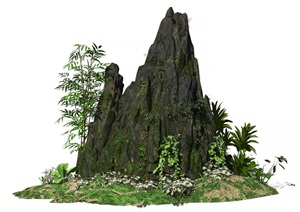 新中式假山叠石植物石头花卉灌木SU(草图大师)模型