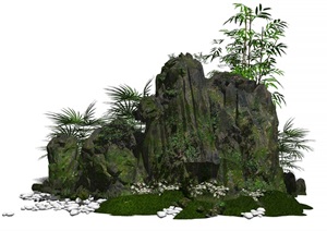 新中式假山石头植物竹子叠石假山SU(草图大师)模型