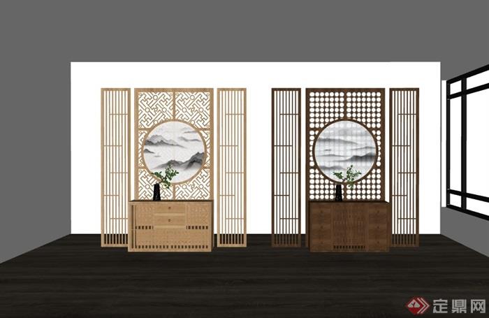 中式风格屏风柜子素材家具su模型