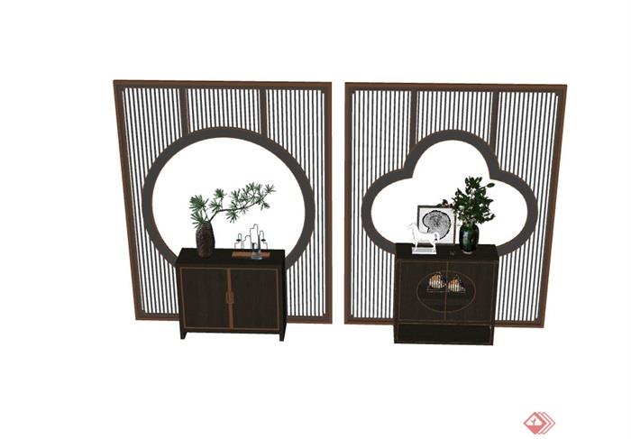 中式屏风及柜子家具素材设计su模型