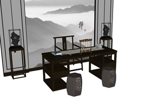 中式完整的桌椅屏风素材SU(草图大师)模型