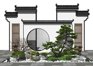 新中式景观小品  庭院景观 景墙 景观树 石头SU(草图大师)模型