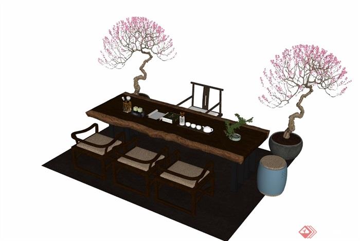 中式桌椅凳盆栽素材su模型