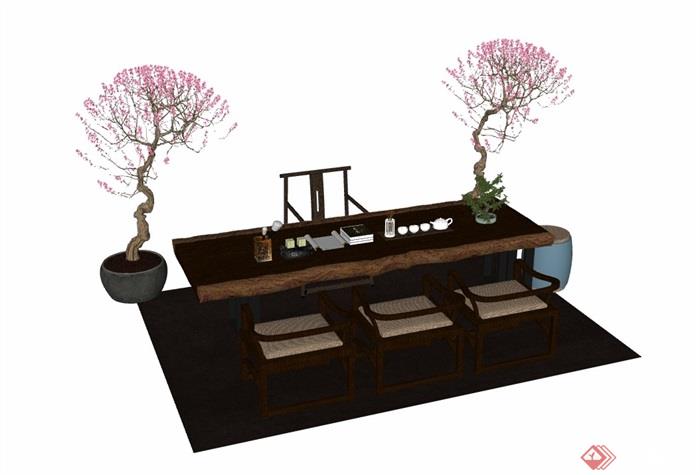 中式桌椅凳盆栽素材su模型