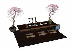 中式桌椅凳盆栽素材SU(草图大师)模型