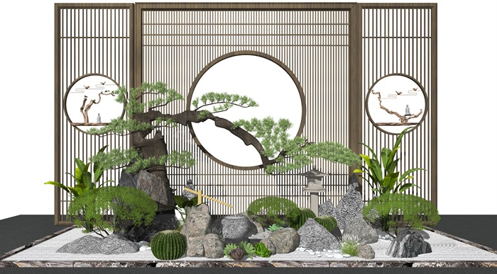新中式景观小品隔断屏风石头水景枯山水松树SU模型(1)