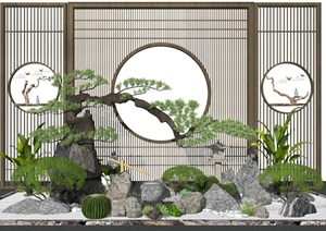 新中式景观小品隔断屏风石头水景枯山水松树SU(草图大师)模型