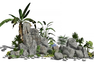 新中式假山石头植物景观小品假山叠石芭蕉花卉SU(草图大师)模型