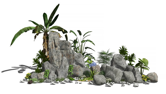 新中式假山石头植物景观小品假山叠石芭蕉花卉SU模型(2)