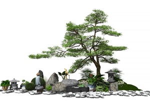 新中式景观小品石头水景松树石灯景观树鹅卵石SU(草图大师)模型