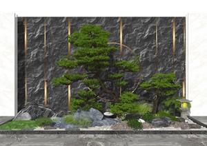 新中式景观小品  庭院景观 景墙 景观树石头SU(草图大师)模型