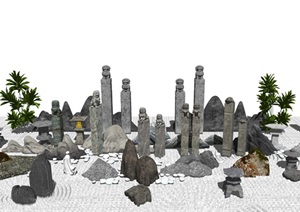新中式 石头 拴马柱 假山 景观小品 庭院景观SU(草图大师)模型