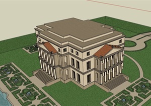 详细的欧式整体别墅建筑SU(草图大师)模型