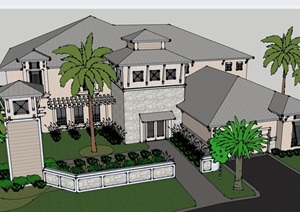 详细的完整别墅住宅设计SU(草图大师)模型含庭院