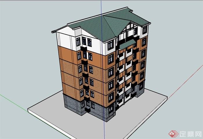 某中式风格详细的多层居住楼建筑su模型