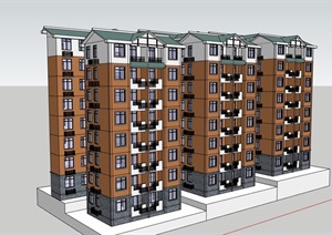 多层详细的完整居住楼建筑SU(草图大师)模型