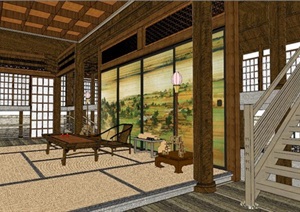 日式风格古代宫廷建筑SU(草图大师)模型（含屏风）